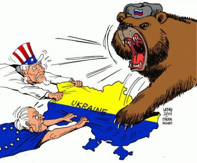 L'Ukraine entre l'ours russe et lesOccidentaux (caricature)