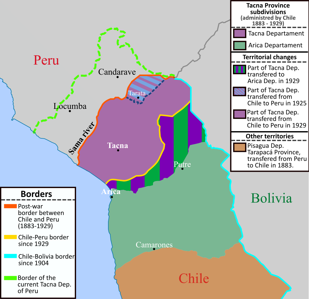 Représentation de l'historique des frontières entre Bolivie, Chili et Pérou
