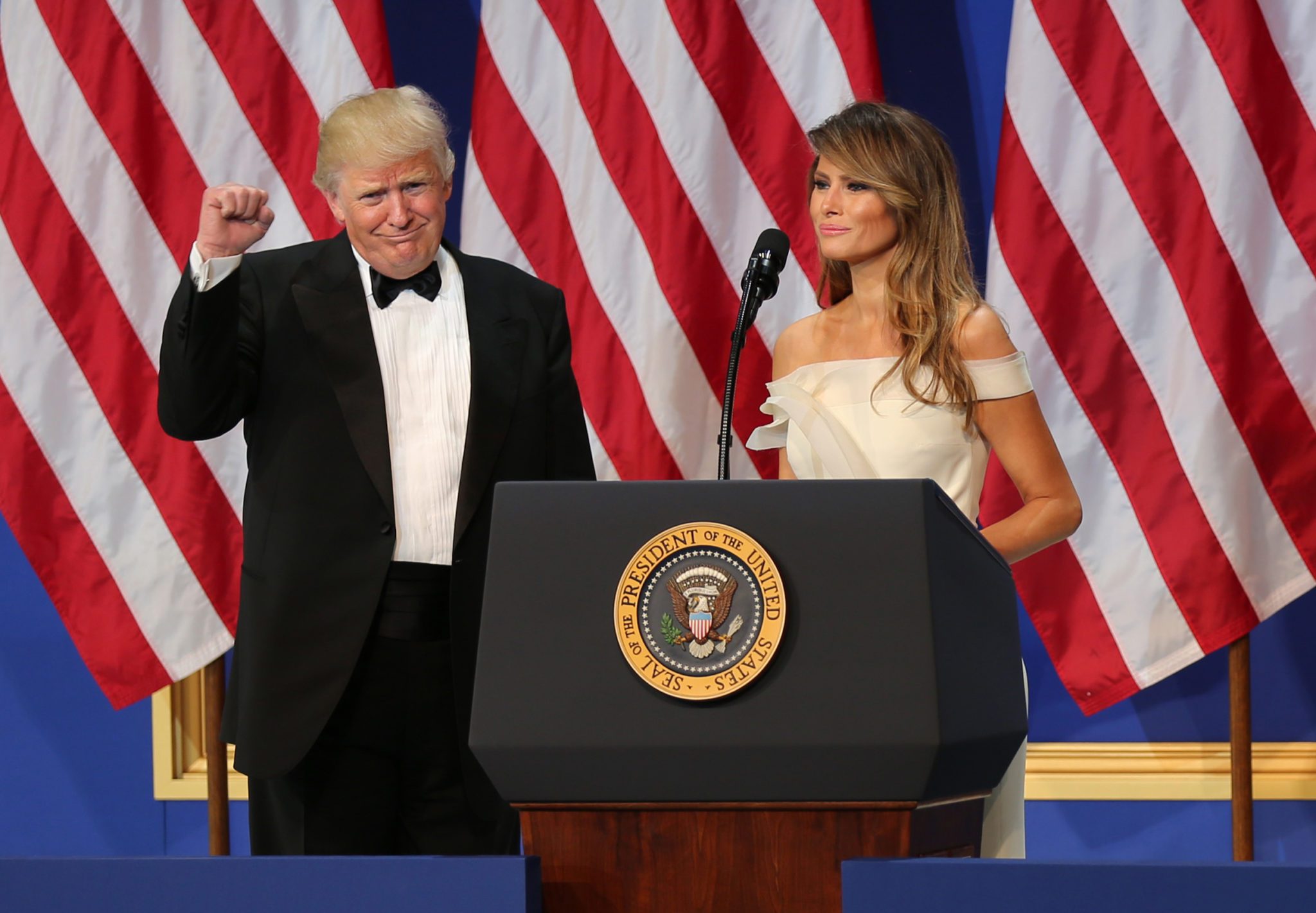 President Donald J. Trump celebrates the First Lady Melania Trump's speech at the Salute to Our Armed Services Ball at the National Building Museum, Washington, D.C., Jan. 20, 2017. The event, one of three official balls held in celebration of the 58th Presidential Inauguration, paid tribute to members of all branches of the armed forces of the United States, as well as first responders and emergency personnel. (DoD photo by U.S. Army Sgt. Kalie Jones)
